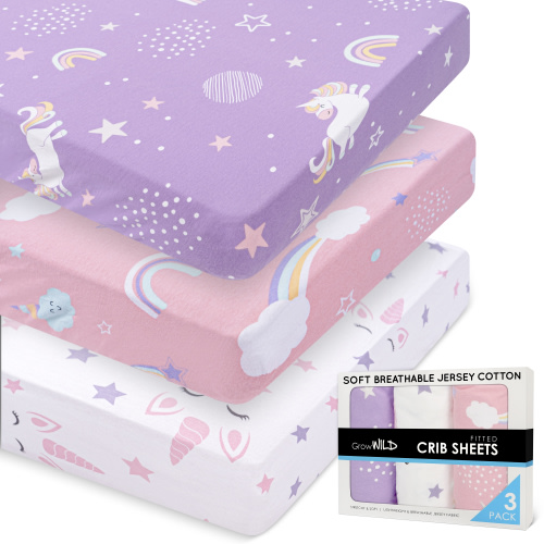 Grow Wild Baby Crib Sheets for Girls (3 Pack), Soft Jersey Cotton Fitted Crib Sheets for Infant, Babies or Toddlers Unisex - 52"x 28" x 9", Unicorns and Rainbows