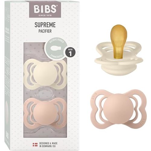 BIBS Supreme Baby Pacifier 2-Pack | Made in Denmark | BPA Free Dummy Soother, Symmetrical Nipple. Natural Rubber Latex, Size 1 (0-6 Months), Ivory / Blush