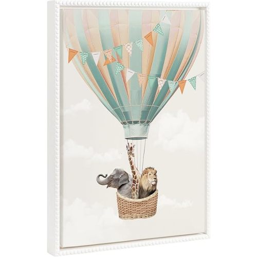 Kate and Laurel Sylvie Beaded Hot Air Balloon Travel Vintage Framed Canvas Wall Art by July Art Prints, 18x24 White, Zoo Animal Wall Art Decor