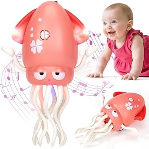 hahaland Tummy Time Toys, Dancing Squid Toy Musical Moving Crawling Baby Toys Developmental Funny Gifts for Babies Rechargeable Electric Octopus Baby Toys 1 Year Old Girl Gifts Easter Basket Stuffers