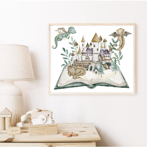 Dragon Baby Wall Print, PRINTABLE ART, Boys Room Poster, Castle Print, Magical Book, Nursery Decor, Fairytale Kids Room, Dragon Themed room
