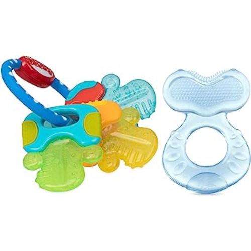 Nuby Ice Gel Teether Keys & Silicone Teethe-EEZ Teether with Bristles, Includes Hygienic Case, Blue