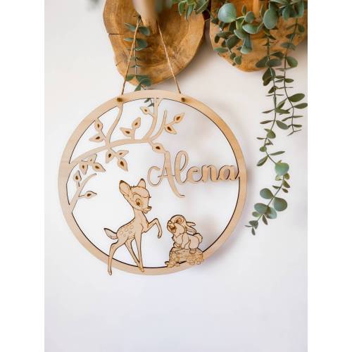 Personalized name plate, door sign, wooden sign children baby, gift birth baptism birthday, children's room godchild, bamby deer rabbit