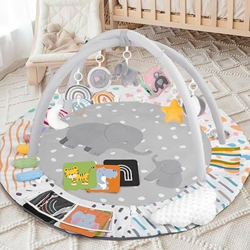 Baby Play Gym & Activity Mat, Tummy Time Mat with Tummy Time Pillow 7 Detachable Sensory Toys and Educational Cards for Motor Skills & Sensory Development, Baby Essentials Shower Gift, Grey Elephant