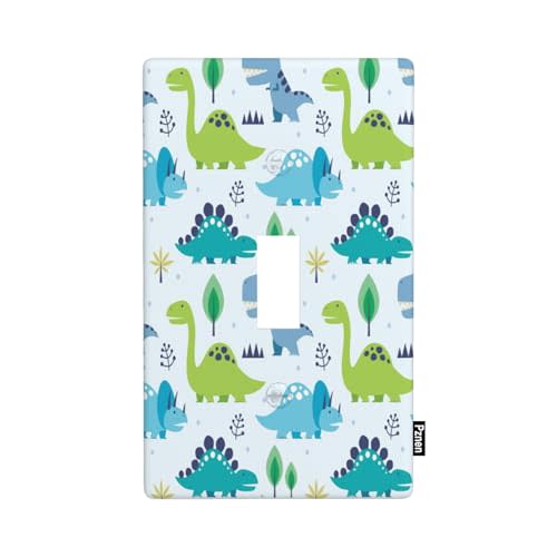 Pznen Dinosaur Pattern 1 Gang Toggle Wall Plate Cute Blue Green Graphic Dino Animals And Trees Single Toggle Light Switch Cover Standard Receptacle Plug Cover 4.5"x 2.76"