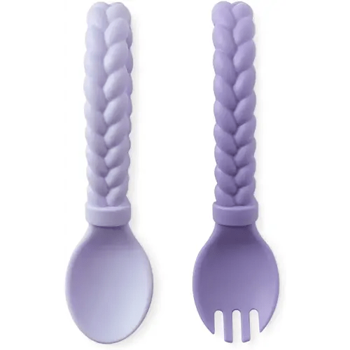 Itzy Ritzy Silicone Spoon & Fork Set; Baby Utensil Set Features A Fork and Spoon with Looped, Braided Handles; Made of 100% Food Grade Silicone & BPA-Free; Ages 6 Months and Up, Amethyst/Purple