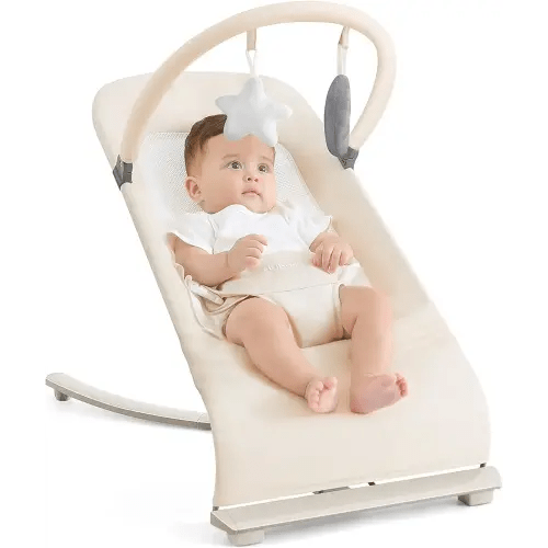 3-in-1 Portable Baby Bouncer & Rocker Chair for Newborn to Toddler - 4 Adjustable Recline Positions, Breathable Cotton Fabric, Natural Vibration, Supports Up to 33 lbs (Oatmeal Khaki)