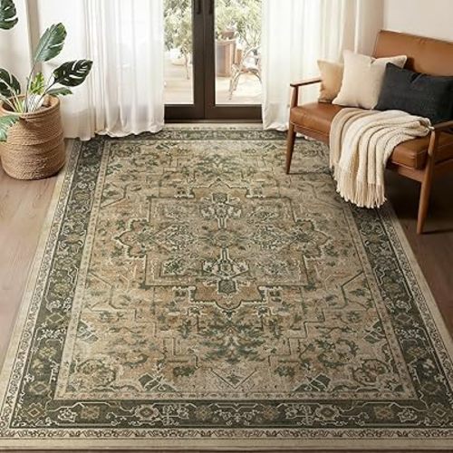 Vintage Distressed 5x7 Area Rugs for Living Room Bedroom Non Slip Washable, Medallion Pattern Printed Low Pile Thin Carpet Rugs for Dining Room/Kitchen/Home Office, Multi Brown Olive Accents