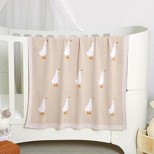 mimixiong Baby Blanket Knit Receiving Boys Girls Blanket Soft Cotton Neutral Blanke for Swaddle Crib Stroller with Cute Goose Beige 30x40 Inch