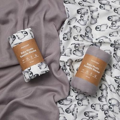 Momcozy Softness Upgrade Muslin Swaddle Blankets, Cute Penguin+Solid Grey Neutral Matching, 2 Pack Breathable 2-Layer Gauze Large 47'' x 47'' Swaddling Blanket Wraps for Newborn Baby Boys Girls