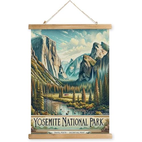 XIAOAIKA Vintage Yosemite National Park Travel Poster with Wooden Scroll Frame – Holiday Decoration or Gift for Living Room, Bedroom, Office Wall Decor, Retro Art Print 16 x 23 Inches