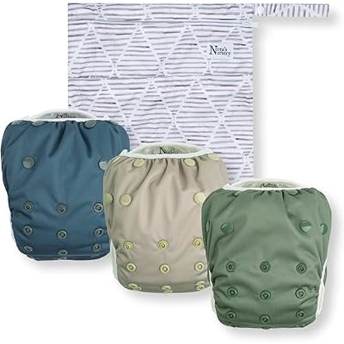 Reusable Swim Diapers and Wet Bag - One Size Fully Adjustable - Hamptons Unisex 3 Pack with Wet Bag by Nora's Nursery