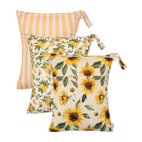 babygoal Wet Dry Bags 3 Pack, Waterproof Travel Bags for Swimsuits, Beach, Pool, Gym,Food Storage and Wet Clothes(Sunflower,Lemon,Stripe),3LN43-B