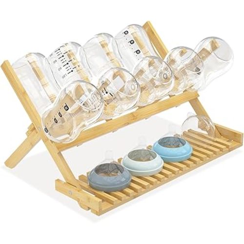 Baby Bottle Drying Rack Foldable Vertical Bamboo Milk Bottle and Accessories Organizer for Busy Parents, Maximizes Space, Quick Drying, Easy Cleanup & Storage(Yellow)