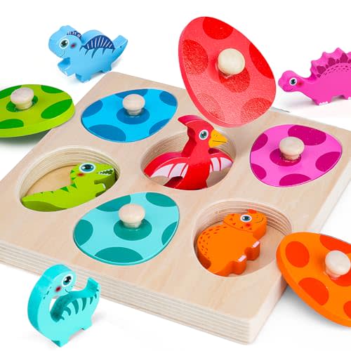 AuntyFey Dinosaur Wooden Toddler Puzzle 1-3, Montessori Toys for 1 2 3 Year Old, Dinosaur Eggs Peg Puzzles, Kid Wooden Puzzles Ages 2-4, Dinosaur Toy for Toddler Kid, Preschool Education Learning Toys