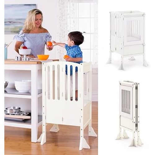 Guidecraft Contemporary Kitchen Helper® Stool with 2 Keepers- Ivory: Foldable, Adjustable Height, Wooden Step Stool Tower for Toddlers | Little Kids Safety Learning Furniture