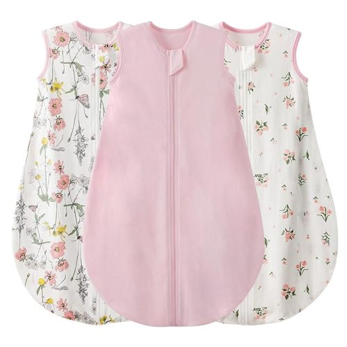 Duomiaomiao 3 Pack Baby Sleep Sack 100% Organic Cotton Lightweight Breathable Comfy Toddler Sleeping Sack (0.5tog Flowers, Medium)