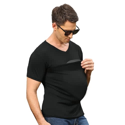 Mens Baby Carrier Shirt V Neck Short Sleeve T-Shirts for Men Skin to Skin T-Shirt with Pocket