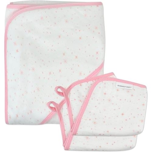 HonestBaby Unisex Baby 3-Piece Organic Cotton Hooded Towel & Washcloth Set, Twinkle Star White/Pink, One Size