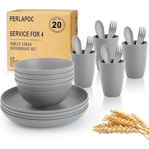 Wheat Straw Dinnerware Sets, 20 PCS Service for 4, Dishwasher & Microwave Safe Kids Plates and Bowls Sets, Unbreakable Lightweight Outdoor Camping Dishes - Gray
