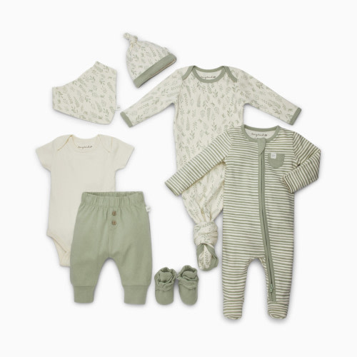 Tiny Kind Layette Essentials Organic Cotton 7-Piece Gift Set - Sage Multi Leaf, 3-6 M | Babylist Shop