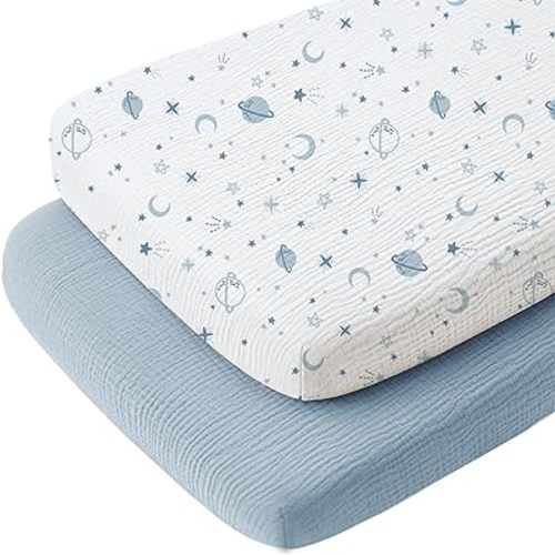 Konssy 2 Pack Muslin Bassinet Sheets for Baby Boy, 100% Cotton Soft Breathable Bassinet Mattress Sheets Fit for Hourglass Oval Cradle Rectangle Mattress (Star,Blue)