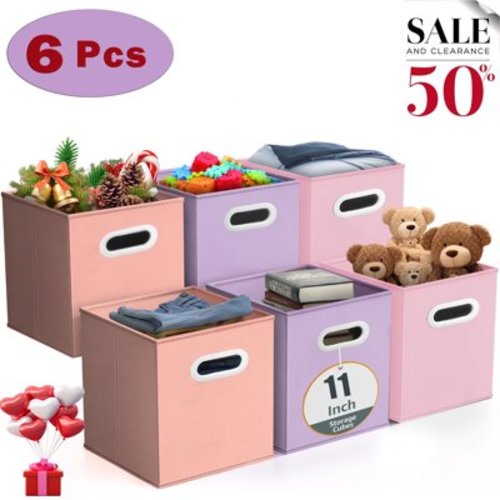 WERSEON Foldable Storage Bins, 11 inch Fabric Storage Cubes with Handle for Organizing Clothes/Toys, 6 Count, Pink and Purple