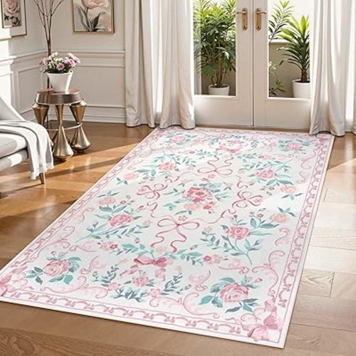 Collive 3x5 Nursery Rug, Boho Pink Floral Area Rugs Machine Washable, Soft Ultra-Thin Bow Carpet Non Slip for Girls Room Bedroom Entryway Playroom Living Room (Pink, 3' X 5')