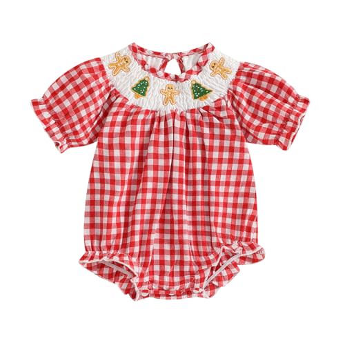 Ayalinggo My First Christmas Baby Girl Outfit Christmas Baby Newborn Plaid Bubble Romper Short Puff Sleeve Smocked Bodysuit