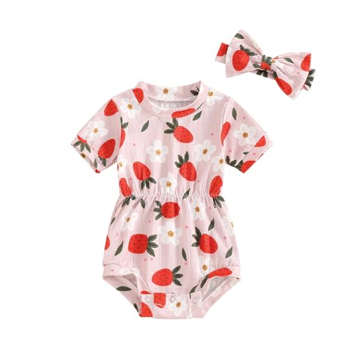Karwuiio Newborn Baby Girl 2 Piece Outfits Short Sleeve Knit Jumpsuit Romper with Headband Summer Clothes