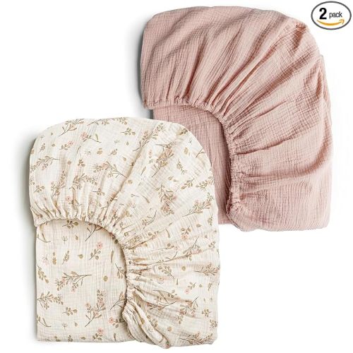 Konssy 2 Pack Muslin Crib Sheets for Standard Crib Mattress, 52" x 28" | 100% Cotton, Soft & Breathable, 360° Elastic Snug Fit, Solid & Printed Designs for Baby Girls & Boys (Floral,Pink)