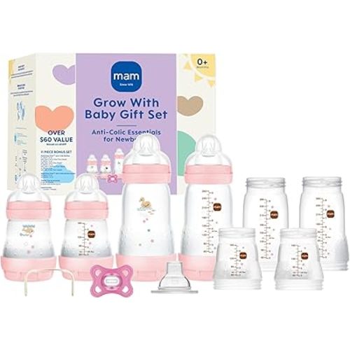 MAM Grow with Baby Feeding Set, Newborn Essentials Must Have for 0-3 Months, Anti-Colic Bottles, Pacifiers and Skinsoft Silicone Nipples, Baby Gift 11 Piece, BPA Free for Girl