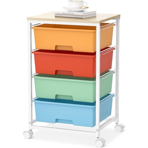 Utility-Rolling-Storage-Drawer-Craft-Cart-Organizer with 4 Drawers and Wooden Tabletop & Lockable Wheels for Home Office, Bedroom, Kids Room, Classroom, 4 Tiers Under Desk Drawer Cart, Macaron