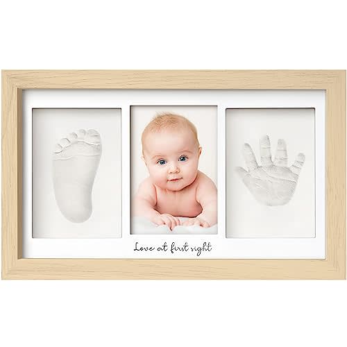 Baby Hand and Footprint Kit - Clay Handprint Keepsake Frame, Newborn Nursery Picture Frame, Personalized New Mom Gifts for Baby Shower & Registry (Ash Wood)
