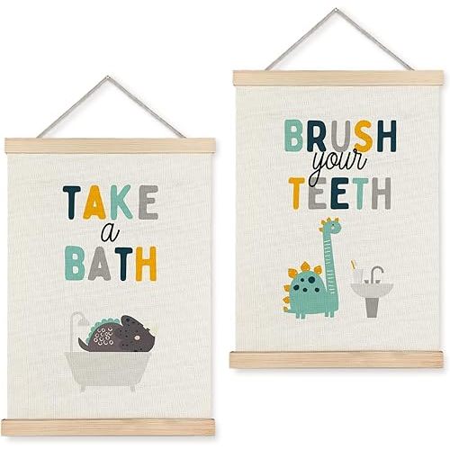 LUVADIAN Dinosaur Bathroom Decor, Funny Dinosaur Bathroom Poster Hanger Frame, Kids Bathroom Decor, Dinosaur Dino Wall Decor for Nursery Kids Boy Girl Bathroom, 12x16 Inches Set of 2
