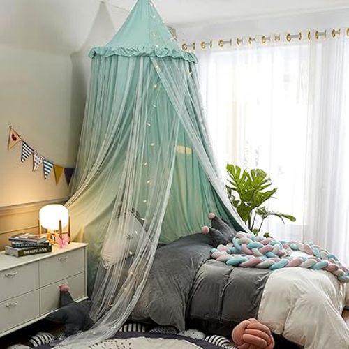 VETHIN Bed Canopy for Kids with Lights,Double Layer Princess Round Dome Children Dreamy Mosquito Net Bedding Girls Room Castle Play Tent Hanging House Decor Reading Nook Canopies(Green/White)