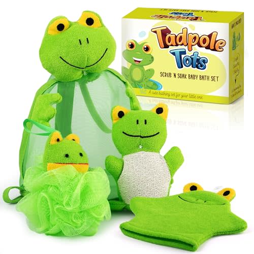 Tadpole Tots Baby Bath Set – Soft & Durable Frog-Themed Loofah Scrubber Kit – Cute Cartoon Bathing Accessories for Kids – Gentle Exfoliating Wash Mitt & Body Scrubber – Easy to Use
