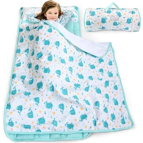 Toddler Nap Mat with Pillow and Blanket, Cot Nap Mats for Daycare Preschool, Lightweight Portable Travel Sleeping Bag for Kids, Warm & Skin-Friendly, Blue Whale, 50" x 21"