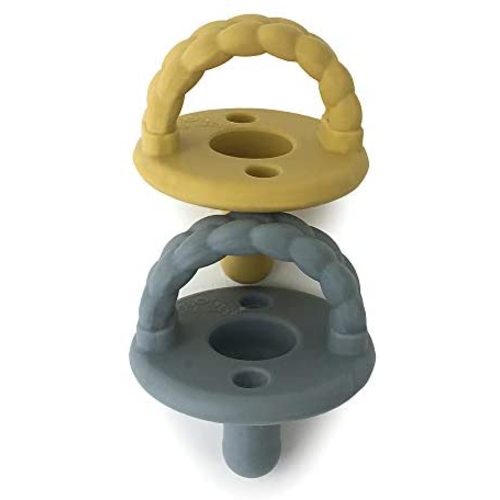 Itzy Ritzy Sweetie Soother Pacifier Set of 2 - Silicone Newborn Pacifiers with Collapsible Handle & Two Air Holes for Added Safety; Set of 2 in Dark Gray & Yellow, Ages Newborn & Up