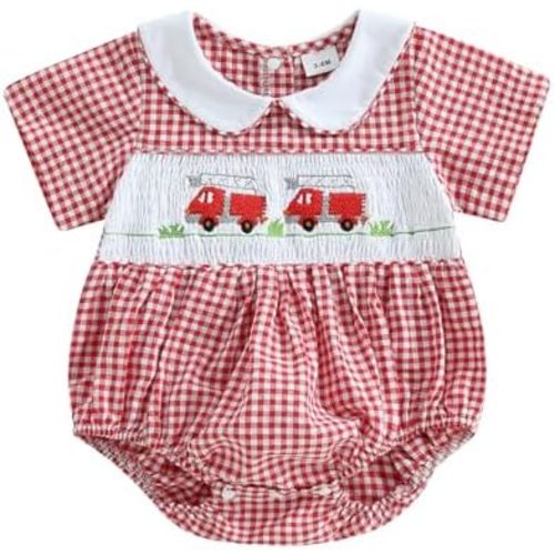 Infant Boy Fire Truck Romper Newborn Baby Summer Clothes Excavator Short Sleeve Babydoll Collar Gingham Bodysuit