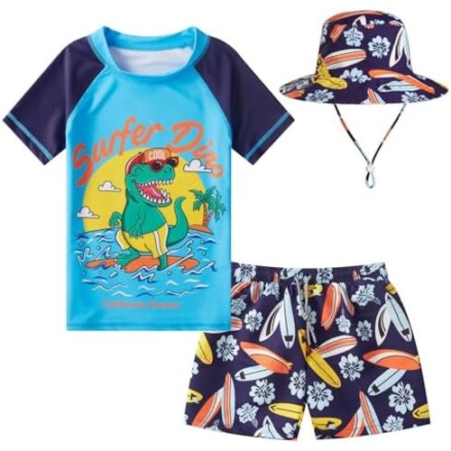 Toddlers and Baby Boys' 3-Piece Swimsuit Trunk Rashguard Set and Sun Hat Swimwear Bathing Suit Sunsuit Swim Shirt UPF 50+
