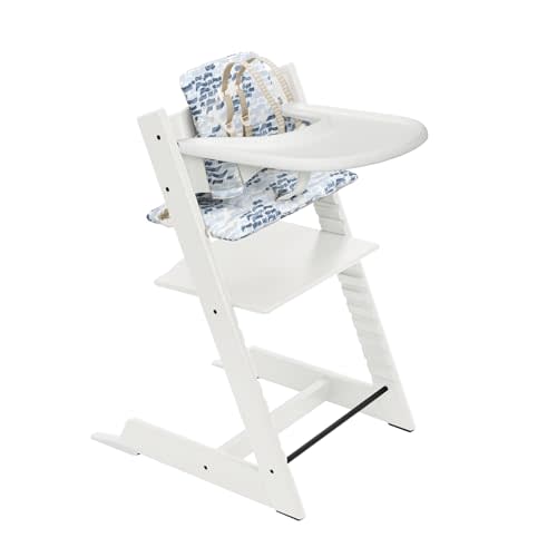 Stokke Tripp Trapp High Chair and Cushion with Tray - White with Waves Blue - Adjustable, Convertible, All-in-One High Chair for Babies & Toddlers