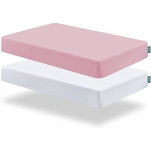Biloban Pack and Play Sheets Fitted, 2 Pack Pack and Play Sheet Fits for Graco Pack n Play Mattress, Neutral Playard Sheets for Baby Boys and Girl, White & Pink, 38”X 26”