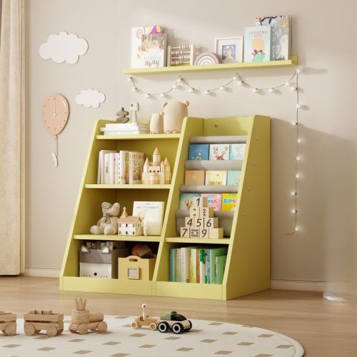 4 Tier Kids Wooden Bookshelf, Kids Bookshelf Children Bookcase with Adjustable Shelf for Playroom Nursery Living Room Yellow