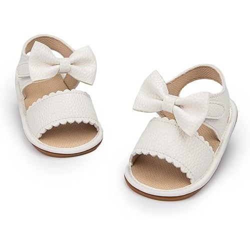 Miamooi Infant Baby Girls Boys Sandals Summer Bowknot Crib Shoes Toddler Pu Leather Flower Soft Rubber Sole Dress Flats First Walker Shoes- WHITE