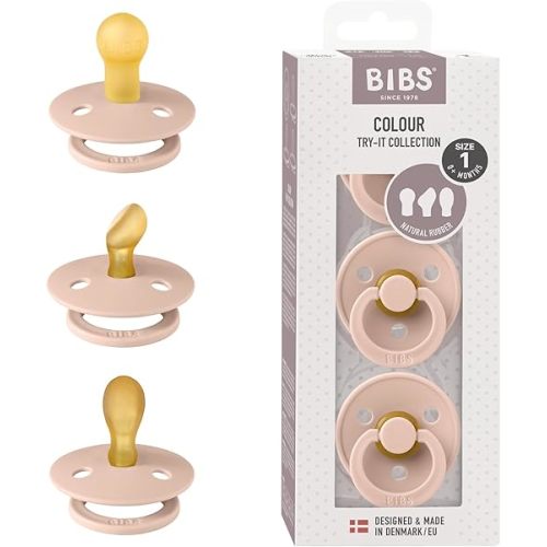 BIBS Pacifiers 0-6 Months | 3-Pack Soothers | BPA-Free Symmetrical Nipple | Made in Denmark | Try-It Collection (Blush)