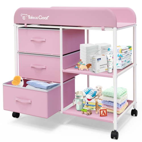 G TALECO GEAR Baby Changing Table, Portable Diaper Changing Station with Wheels, Nursery Organizer for Newborn and Infant, Pink