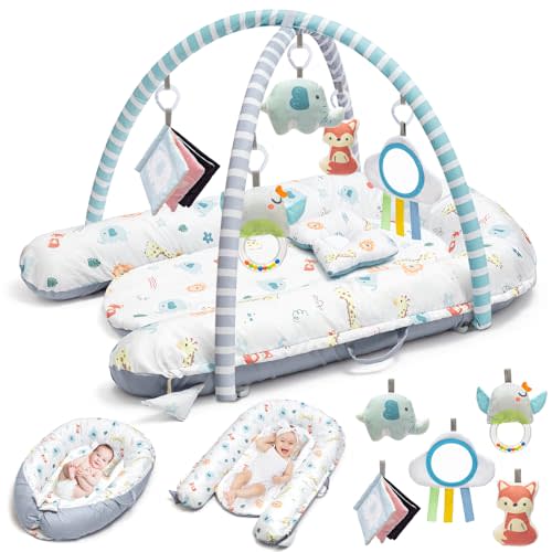 Baby Gym Play Mat, Baby Lounger, 7-in-1 Tummy Time Activity Mat, Washable Newborn Nest, Portable Infant Floor Seat for Home & Travel, Baby Essentials Gift, Develops Visual & Hearing & Sensory & Motor