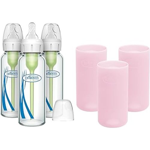 Dr. Brown's Anti-Colic Options+ Narrow Glass Baby Bottles 8 oz/250 mL, with Level 1 Slow Flow Nipple, 3 Pack 0m+ with Pink 100% Silicone Sleeves, BPA-Free