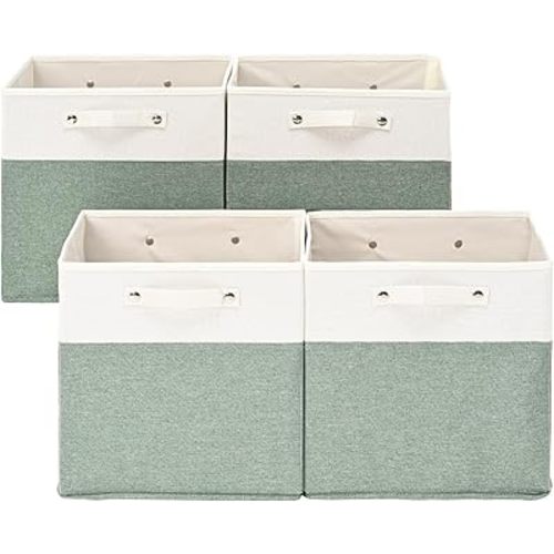 13 x 13 Inch Fine Linen Storage Bins with Handles,Fabric Cube Boxs,Collapsible Basket Organizers for Shelves for Home, Closet Drawers (White/Green-4 Pack )